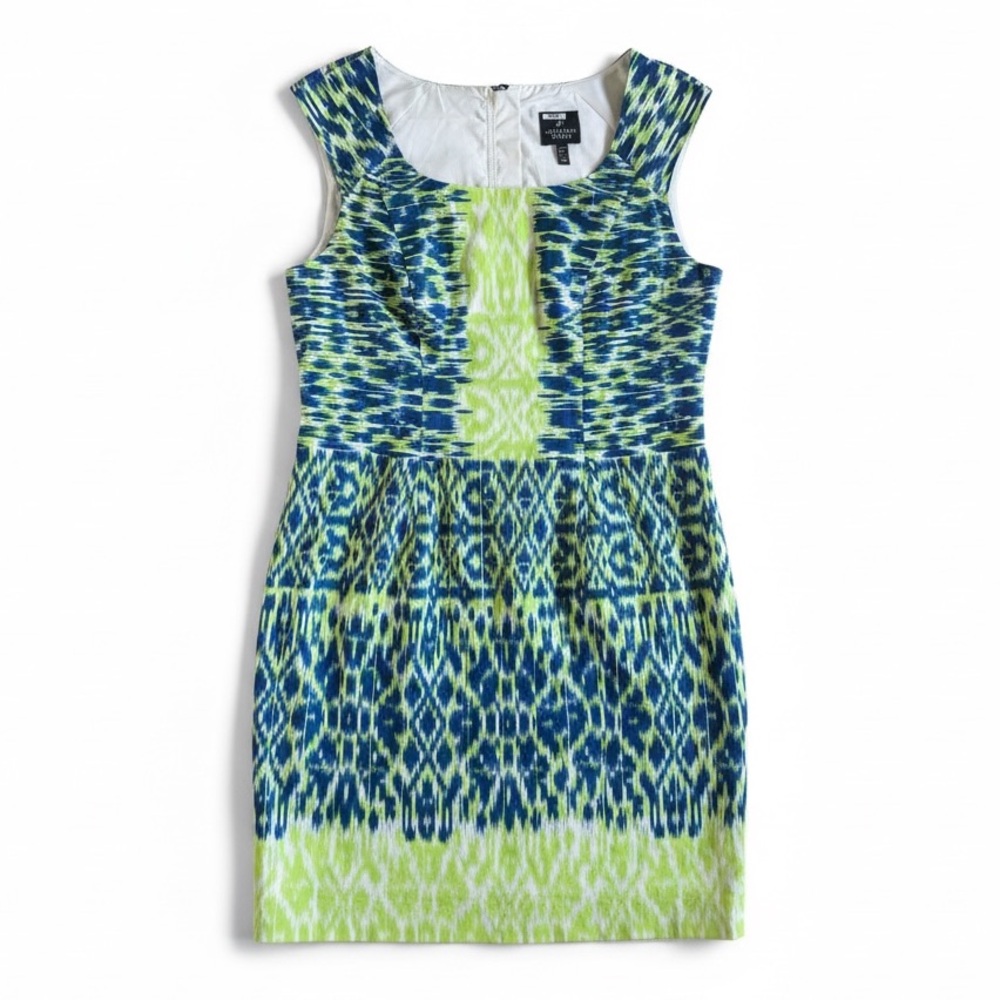 Adrianna Papell Sleeveless Midi Sheath Dress Blue Lime Green Ikat Print Size 14